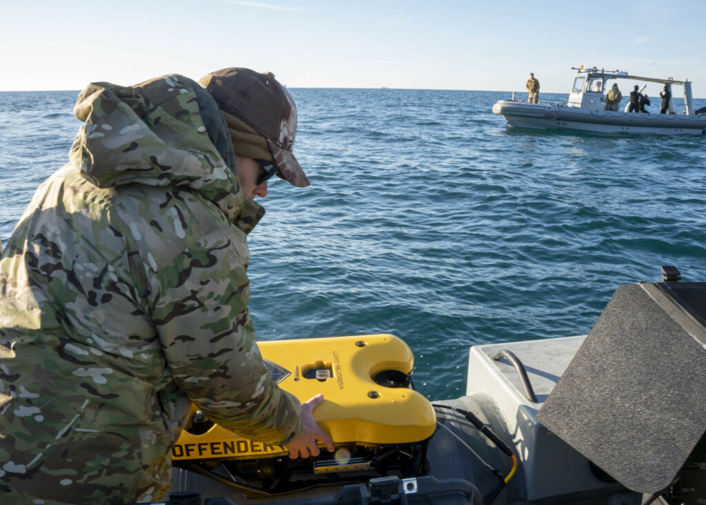 An underwater ROV to search for debris during recovery efforts of a high-altitude balloon in the Atlantic Ocean.