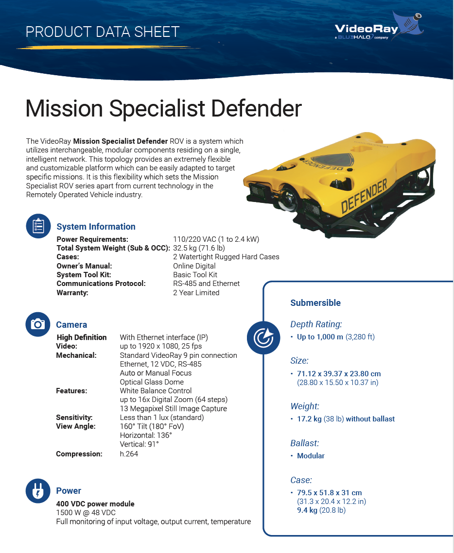 Mission Specialist Defender Specification Sheet | VideoRay